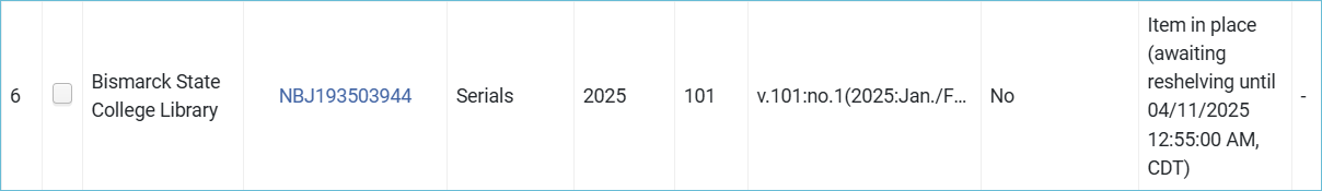 Image of the received item record for the serial issue