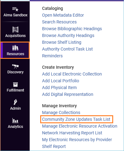 Image of Resources Menu open with Community Zone Updates Task List selected