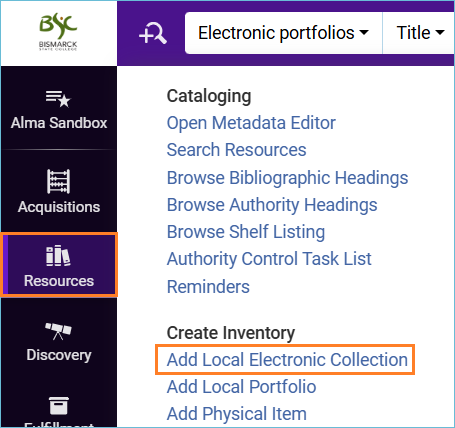 Image of Resources Menu with Add Local Electronic Collection highlighted