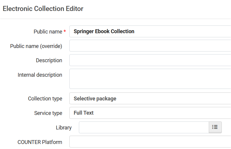 Image of collection editor page when setting up local electronic collection