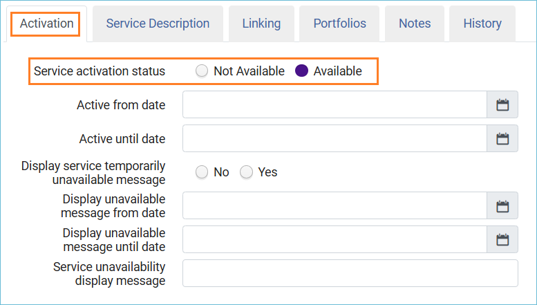 Image of the Activation tab in the local electronic collection form