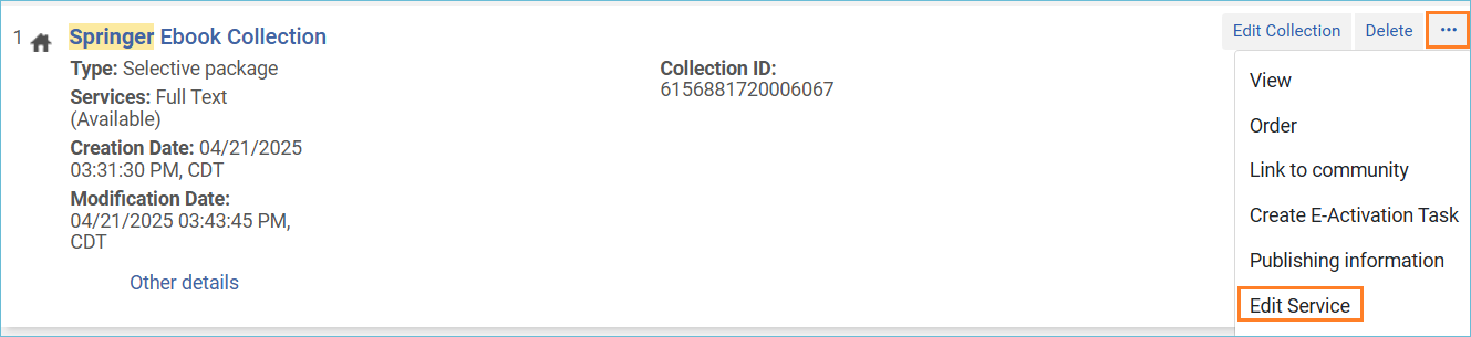 Image of the row action menu from the collection with the edit service option highlighted