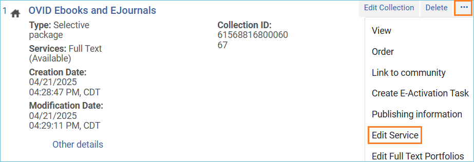 Image of row action menu with Edit Service highlighted