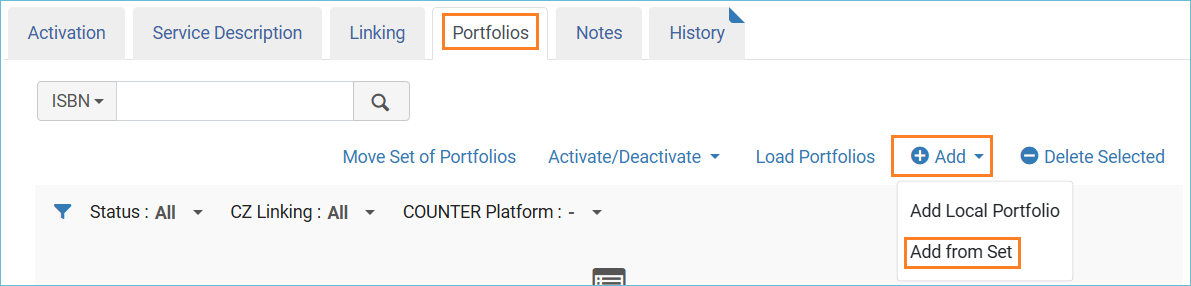Image of the Add drop down menu with Add from Set highlighted