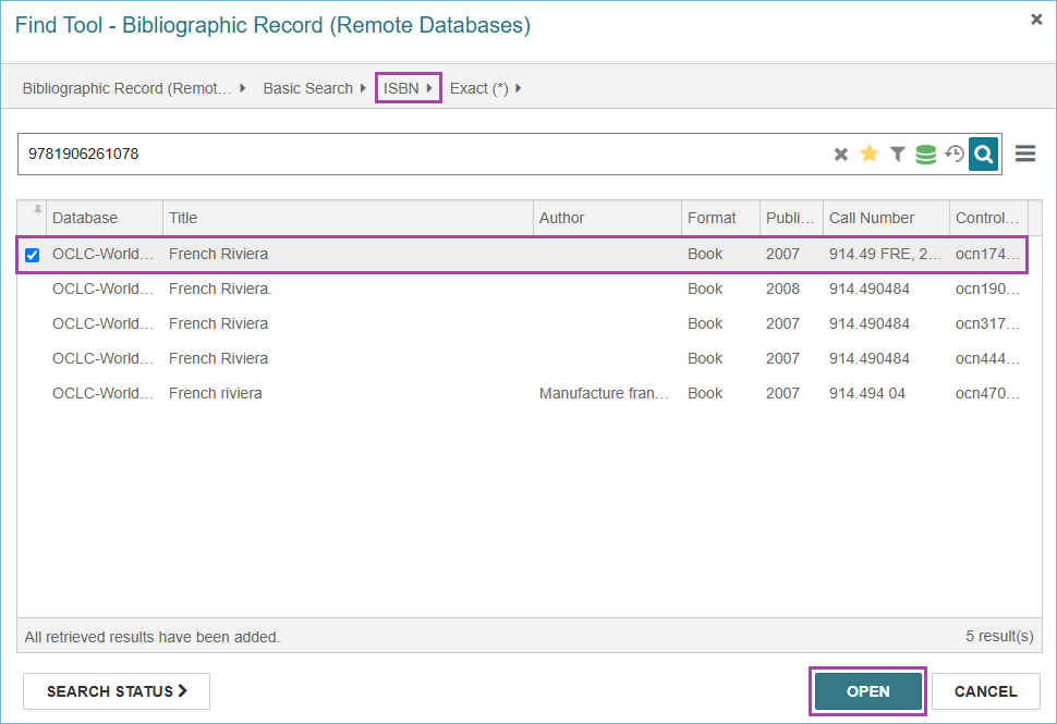 Image of an ISBN search in the Find Tool