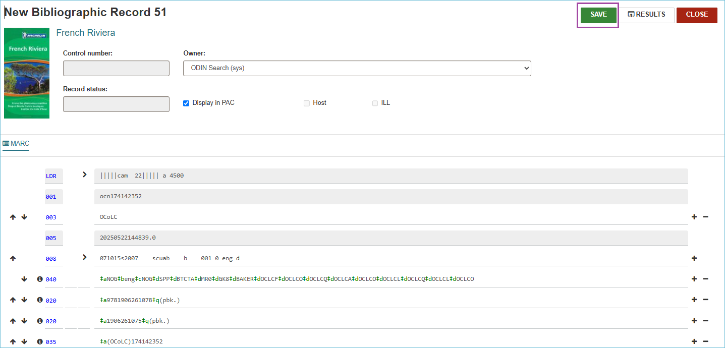 Image of bibliographic record showing the save button.