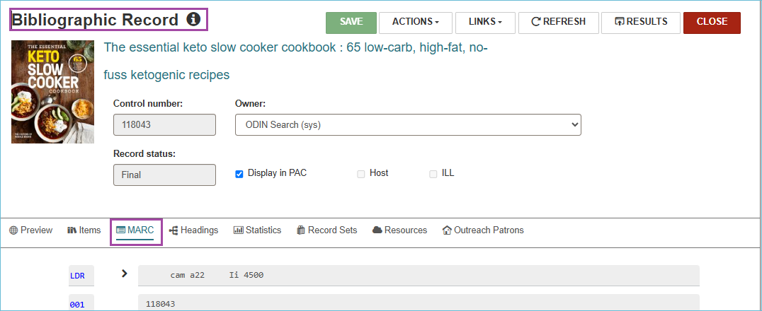 Image of bibliographic record with MARC tab highlighted