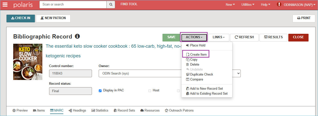 Image of the Action menu in Leap with Create Item highlighted.