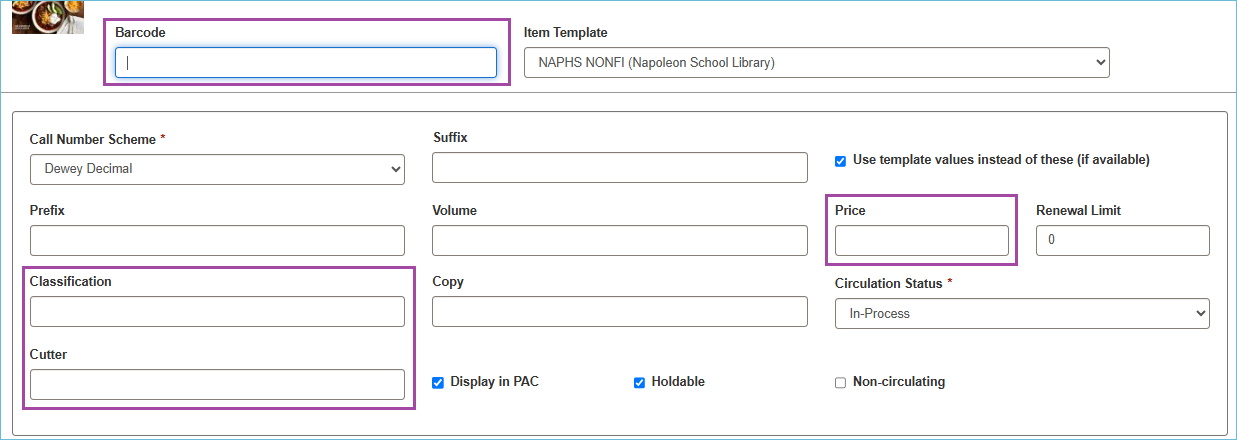 Image of item record form 