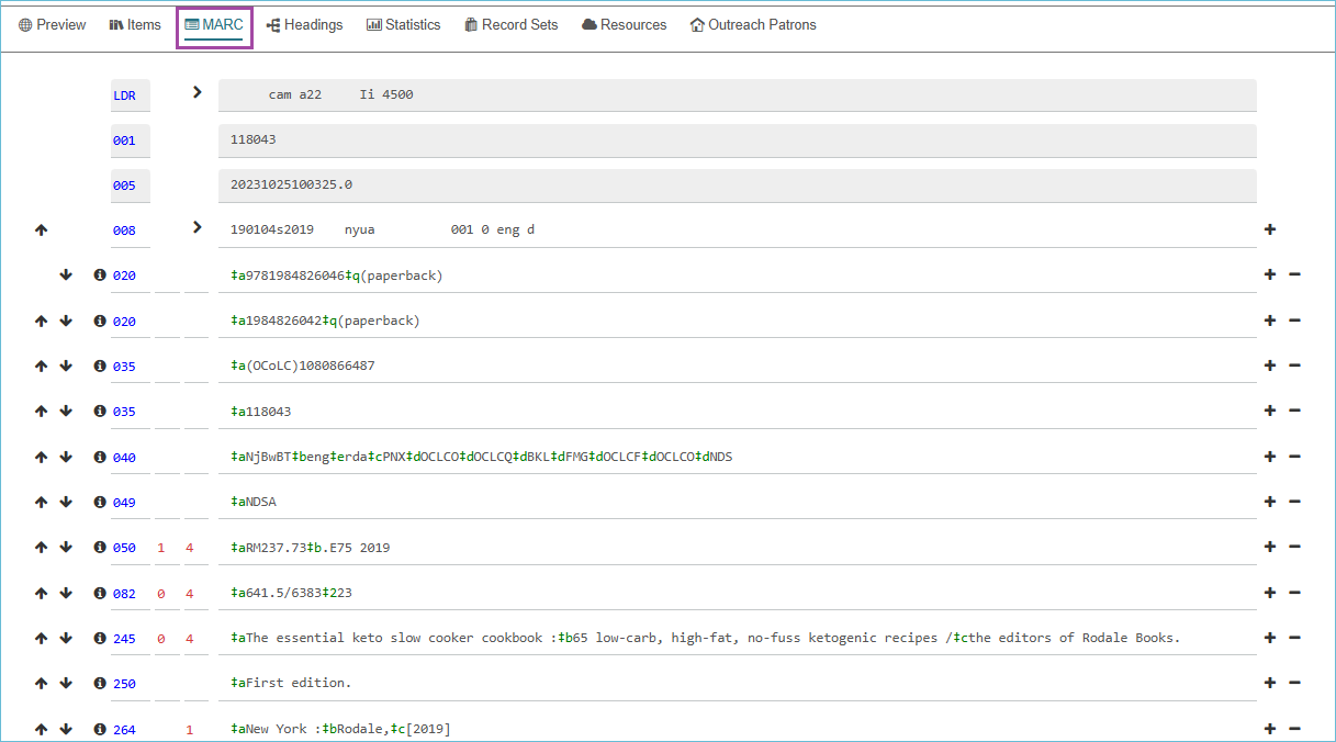 Image of the MARC tab of the bibliographic record in Leap