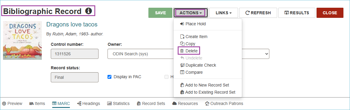 Image of the bibliographic record with delete menu option