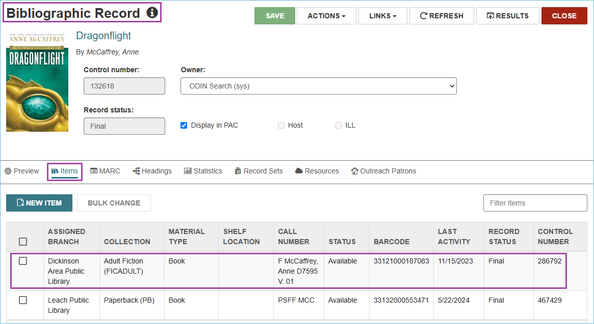 Image of bibliographic records showing item records attached to it.