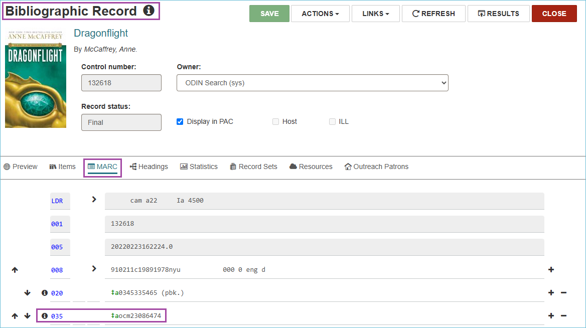 Image of bibliographic record showing MARC field containing OCLC number