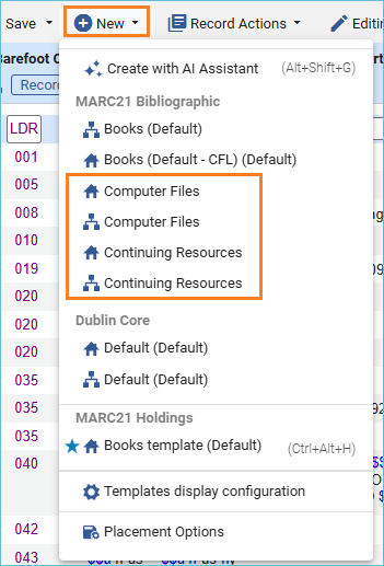 Bibliographic templates on the new menu