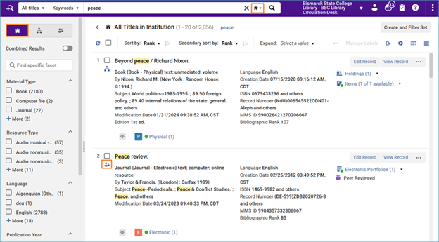 Screenshot of search results in the IZ with a CZ record