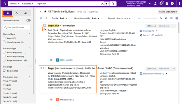 Screenshot of IZ search in Alma