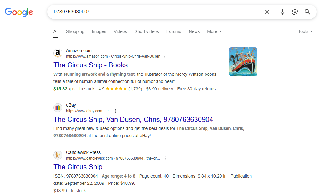 Image of a google search for an ISBN