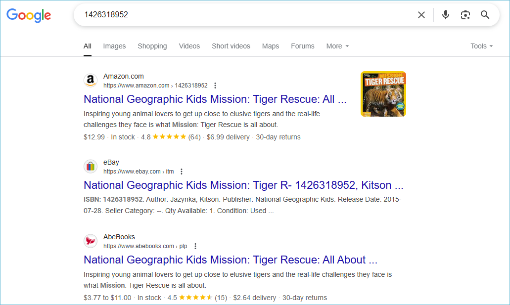 Image of a google search for an ISBN