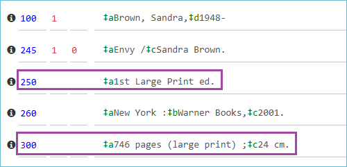Image of MARC record showing Large Print fields