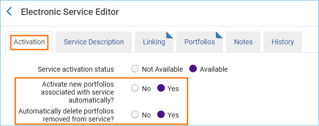 Image of auto activation settings in electronic collection service.
