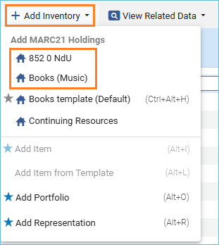 Holdings templates on the Add Inventory menu