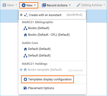 Templates display configuration menu