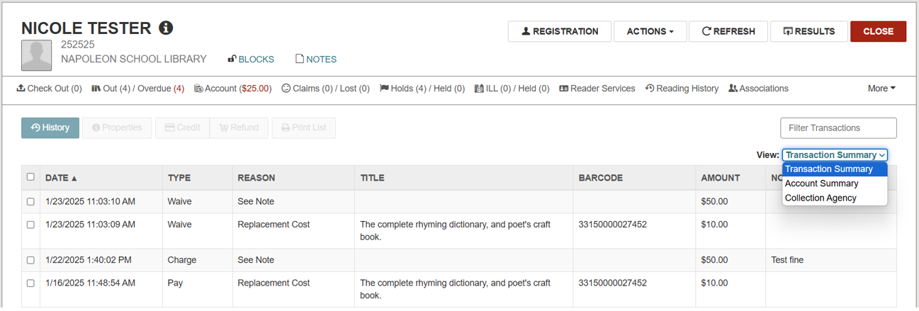 Transaction summary selection