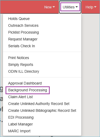 Image of the Utilities Menu with the Background Processing option highlighted