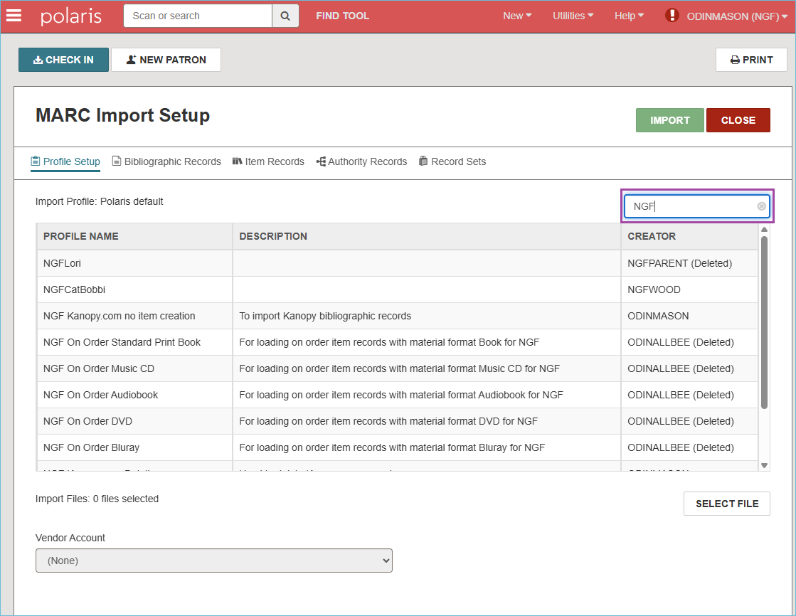 Image of the MARC Import screen with the filter box highlighted