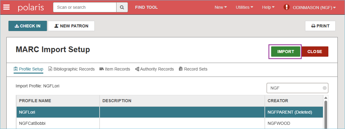 Image of the MARC Import page with the Import button highlighted