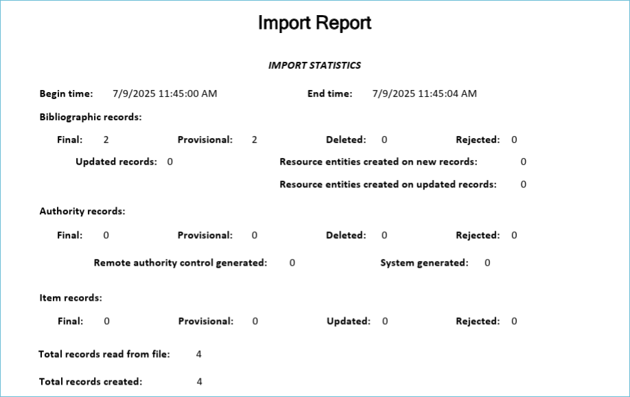 Last page of import report showing import statistics