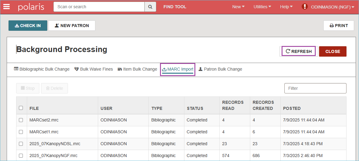 Image of the background processing page on the MARC import tab.