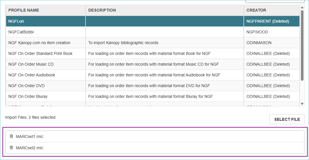 Image of the MARC import screen showing the uploaded files ready for import