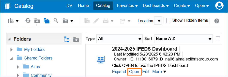 Image of the IPEDS Dashboard in the analytics catalog with Open highlighted.