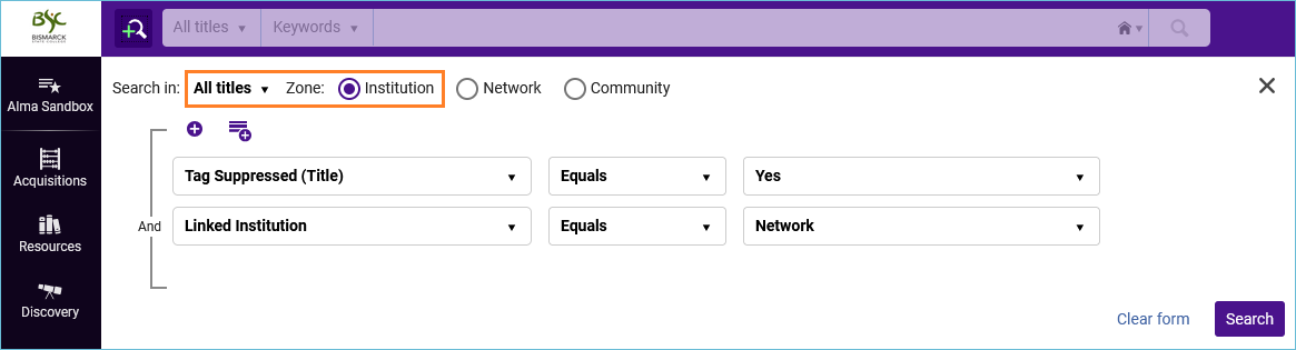 Image of advanced search in Alma on titles in the institution zone.
