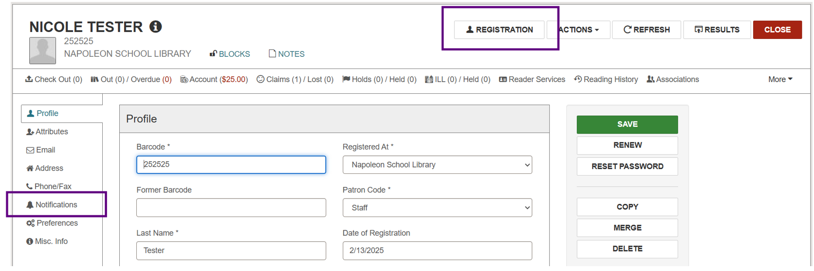 Patron record Registration screen