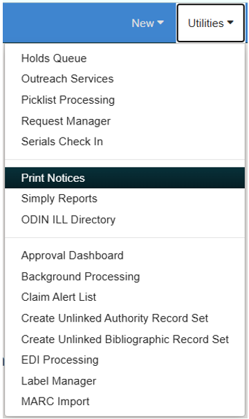Utilities menu