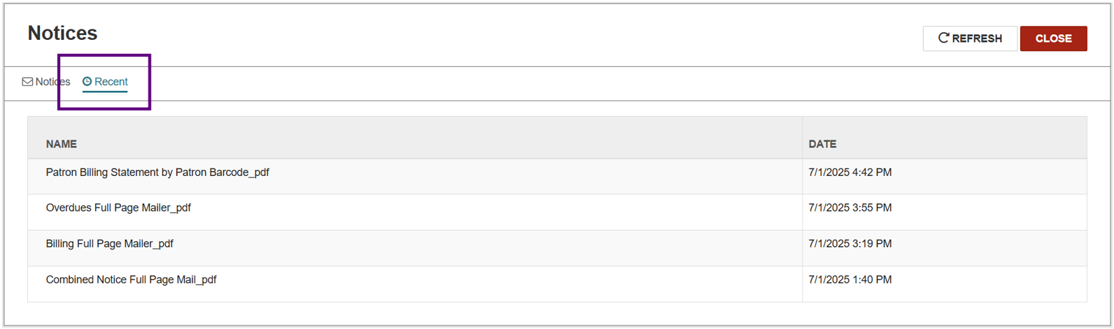 Notices screen Recent tab