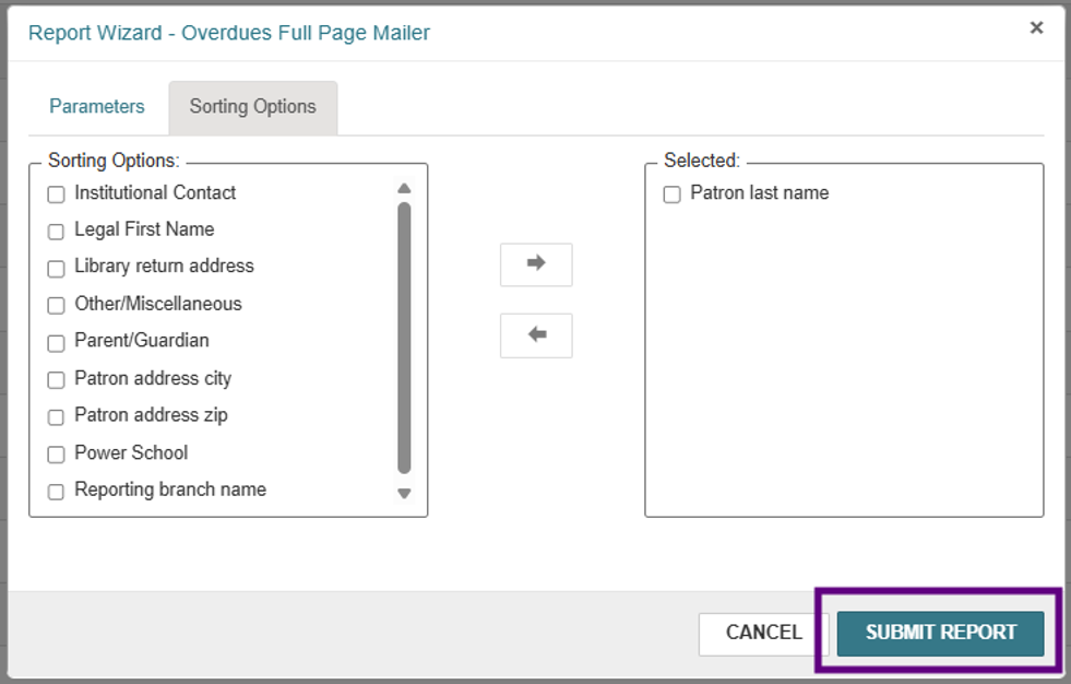 Sorting Options tab