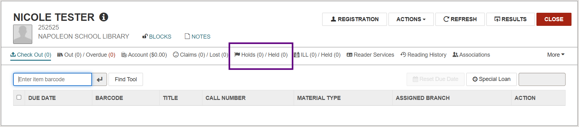 Patron record Holds tab