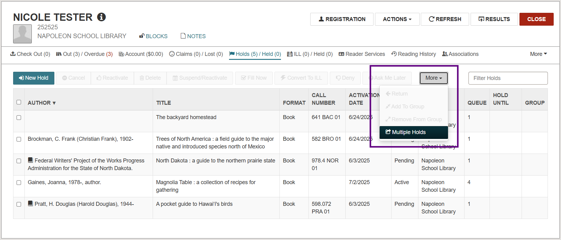 Patron record multiple holds option
