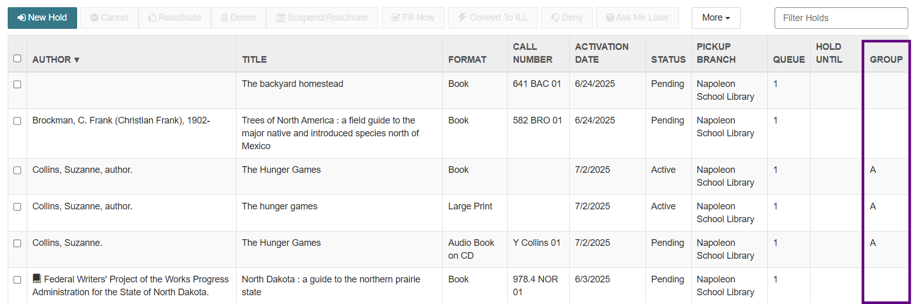 Holds list Group column