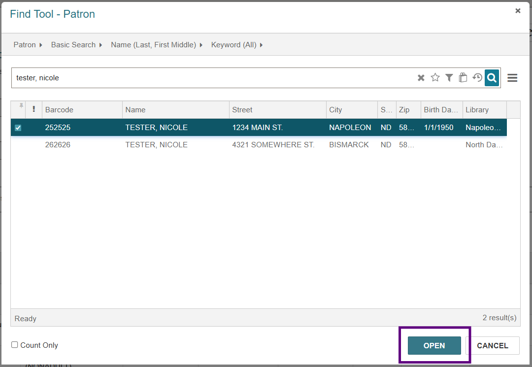 Find tool patron search