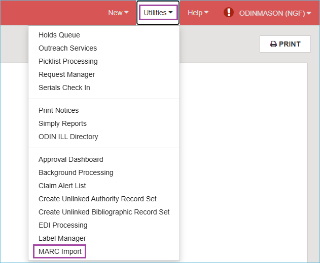 Image showing the Utilites menu with MARC import selected