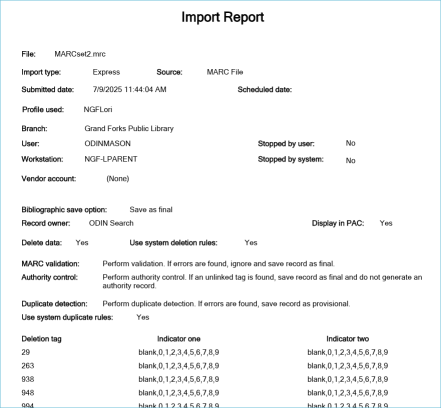 Image of the first page of the import report