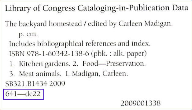 CIP data with dewey number outlined