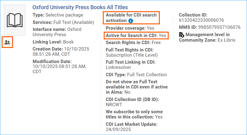 A screenshot of an electronic collection activated for CDI search.
