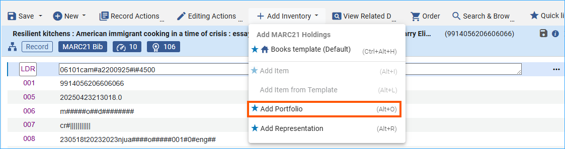 A screenshot of the add inventory drop down menu with Add portfolio outlined.