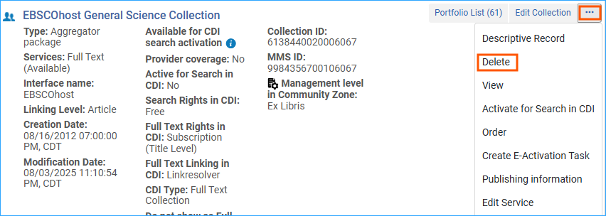 A screenshot of the electronic collection with the action menu drop-down showing the delete option outlined.