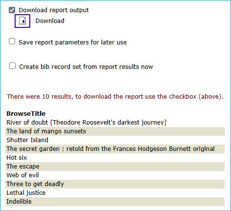 A screenshot of the report preview with the download icon outlined.